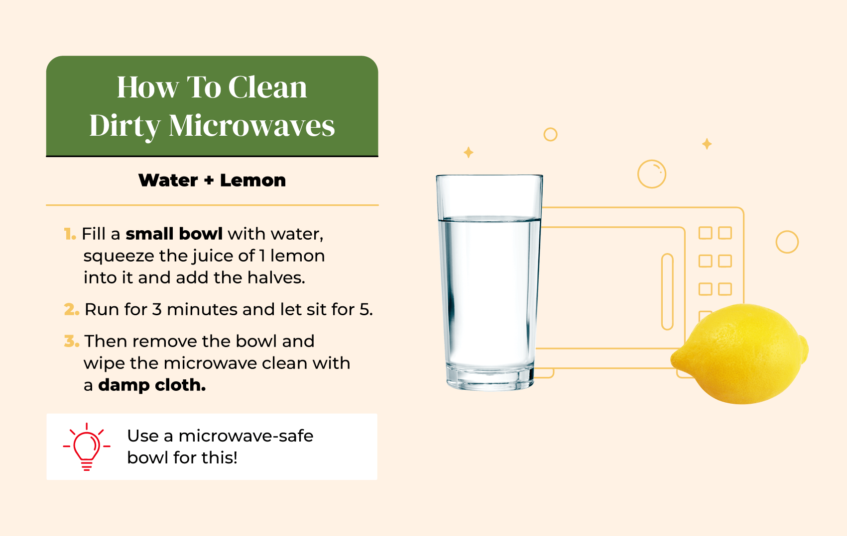 Eco-friendly cleaning hack for microwave using water and the juice of one lemon.