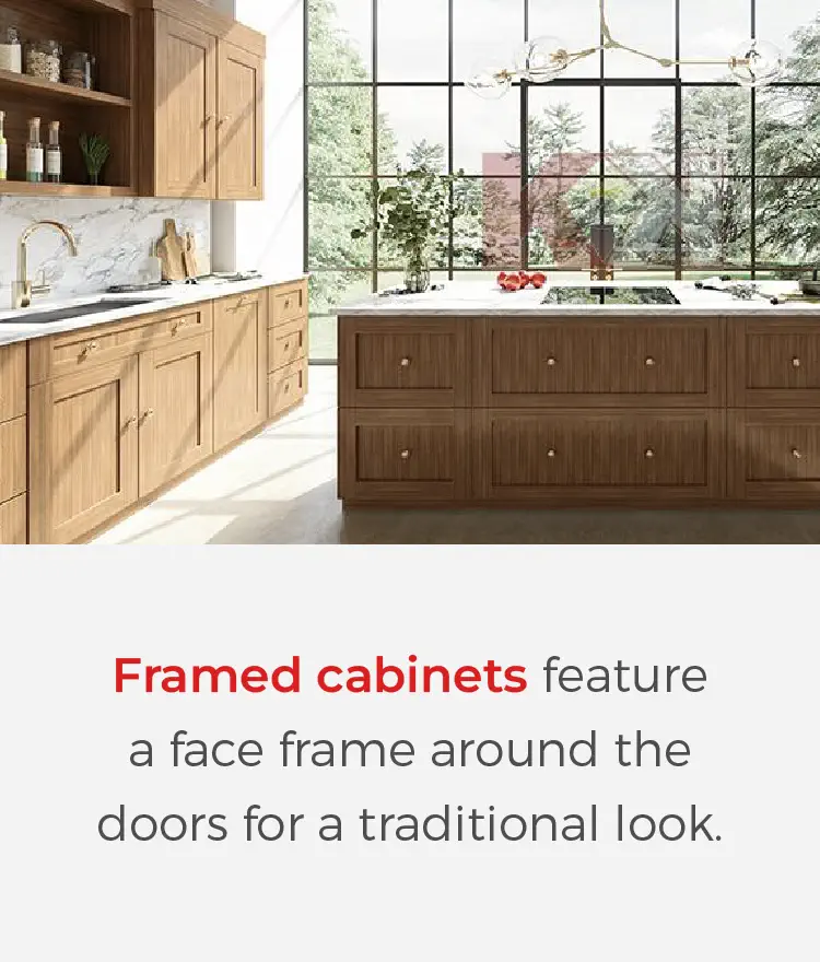 Image of brown wood framed cabinets with definition of framed cabinets.