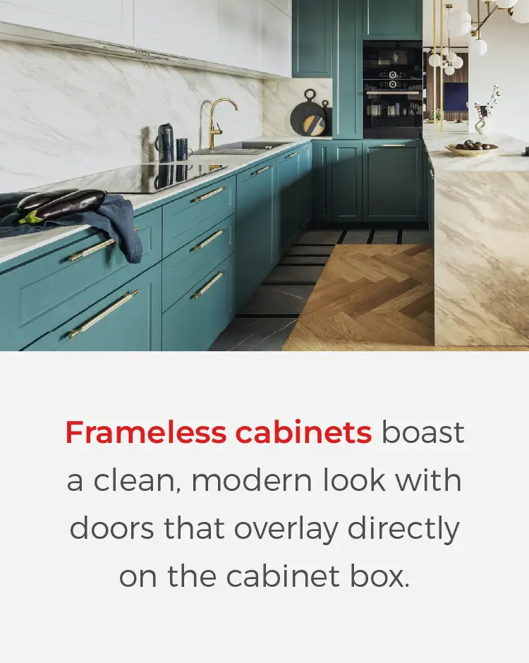 Image of blue frameless cabinets with definition of frameless cabinets.