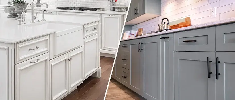 Side-by-side image of framed vs. frameless kitchen cabinets.