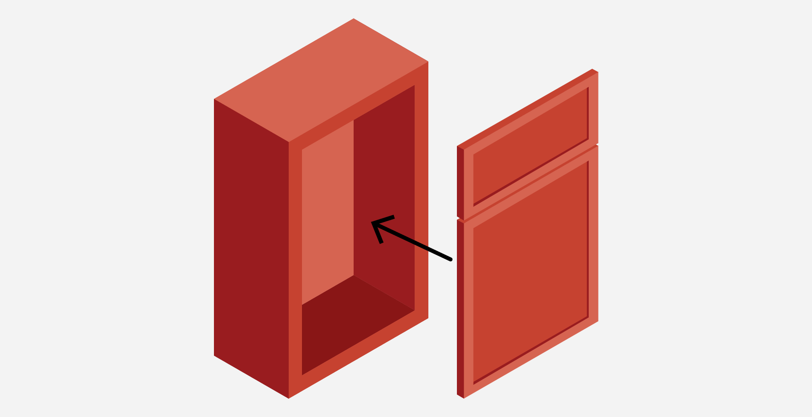 Illustration of red frameless cabinet showing cabinet box and door.