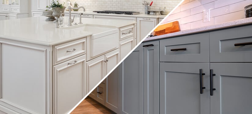 Split image of white framed kitchen cabinets and gray frameless cabinets.