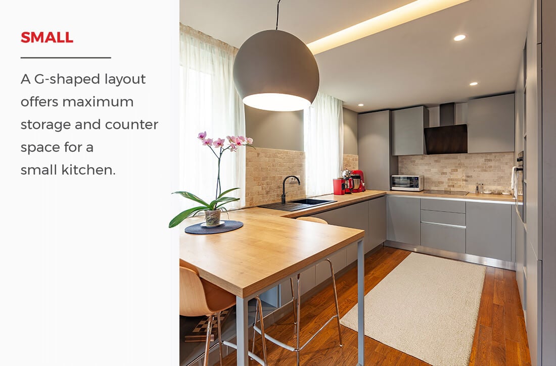 Small g-shaped kitchen with text: A g-shaped layout offers maximum storage and counter space for a small kitchen.