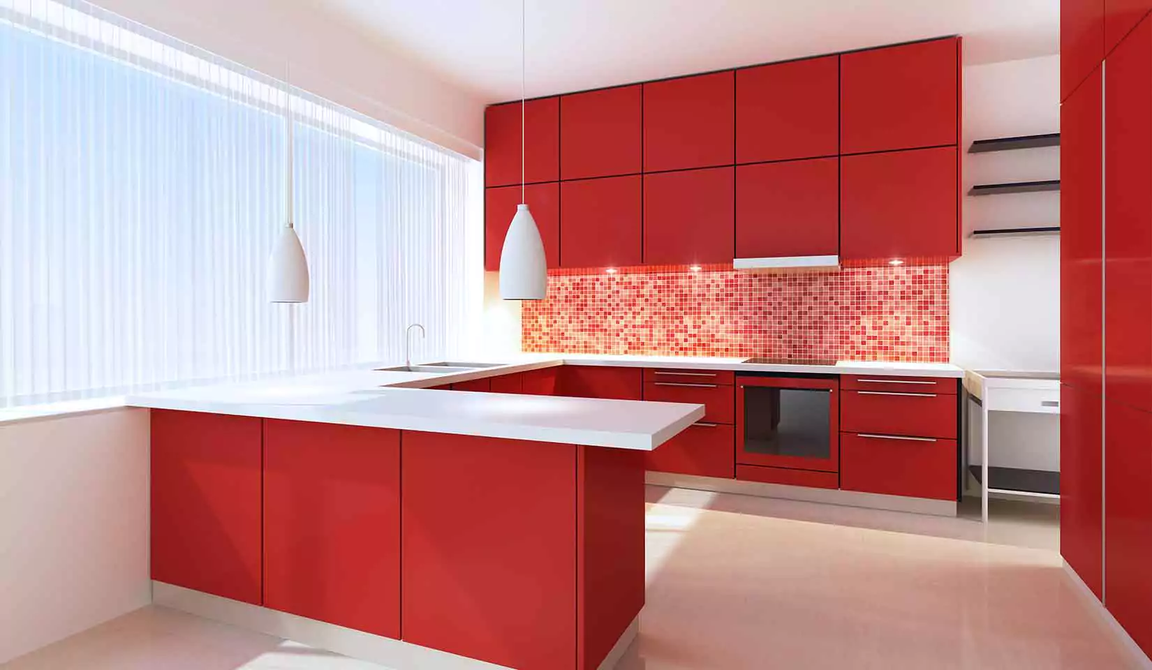 A bold red kitchen with red cabinets, refrigerator and red backsplash.