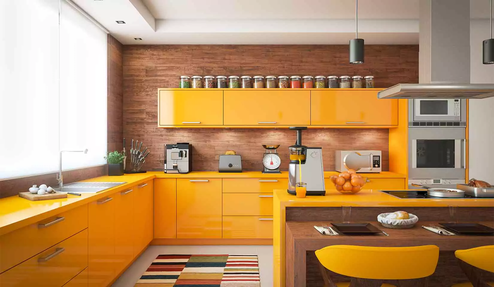 Bright, tangerine-colored kitchen cabinets in a boho kitchen. 