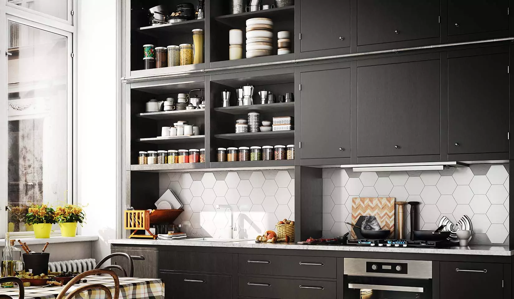 Sleek and modern kitchen cabinets.