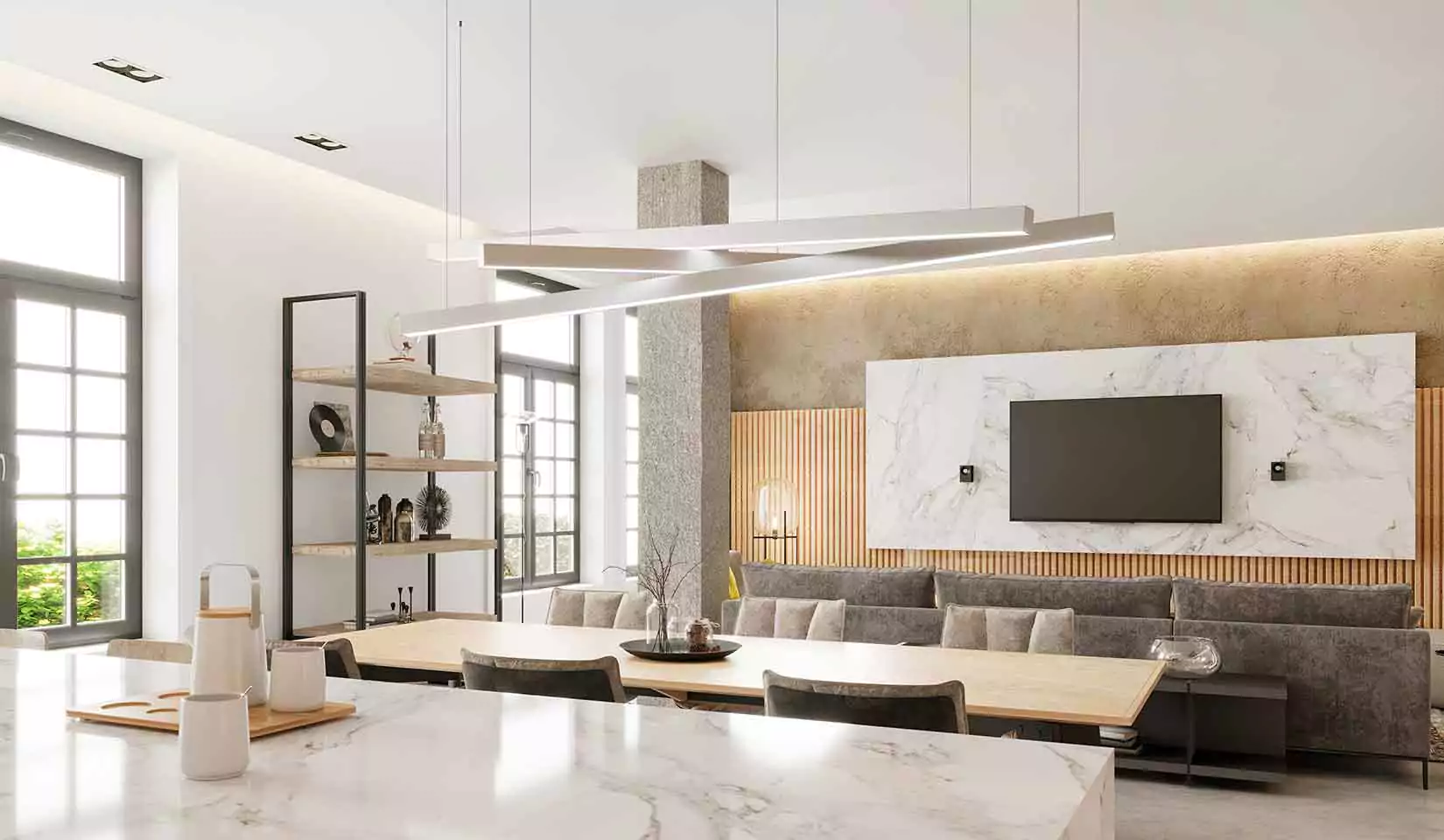 Statement, modern lighting above a kitchen table in an open-concept kitchen.