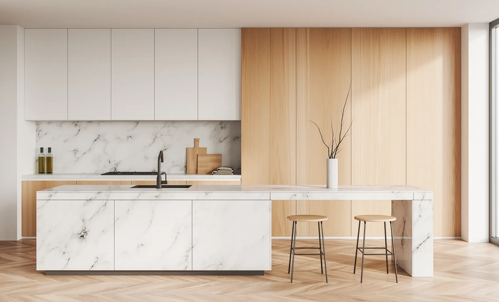 Galley kitchen with white and warm wood cabinets.