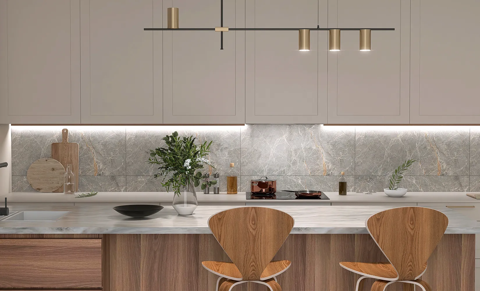 Galley kitchen with marble backsplash and LED under-cabinet lighting.