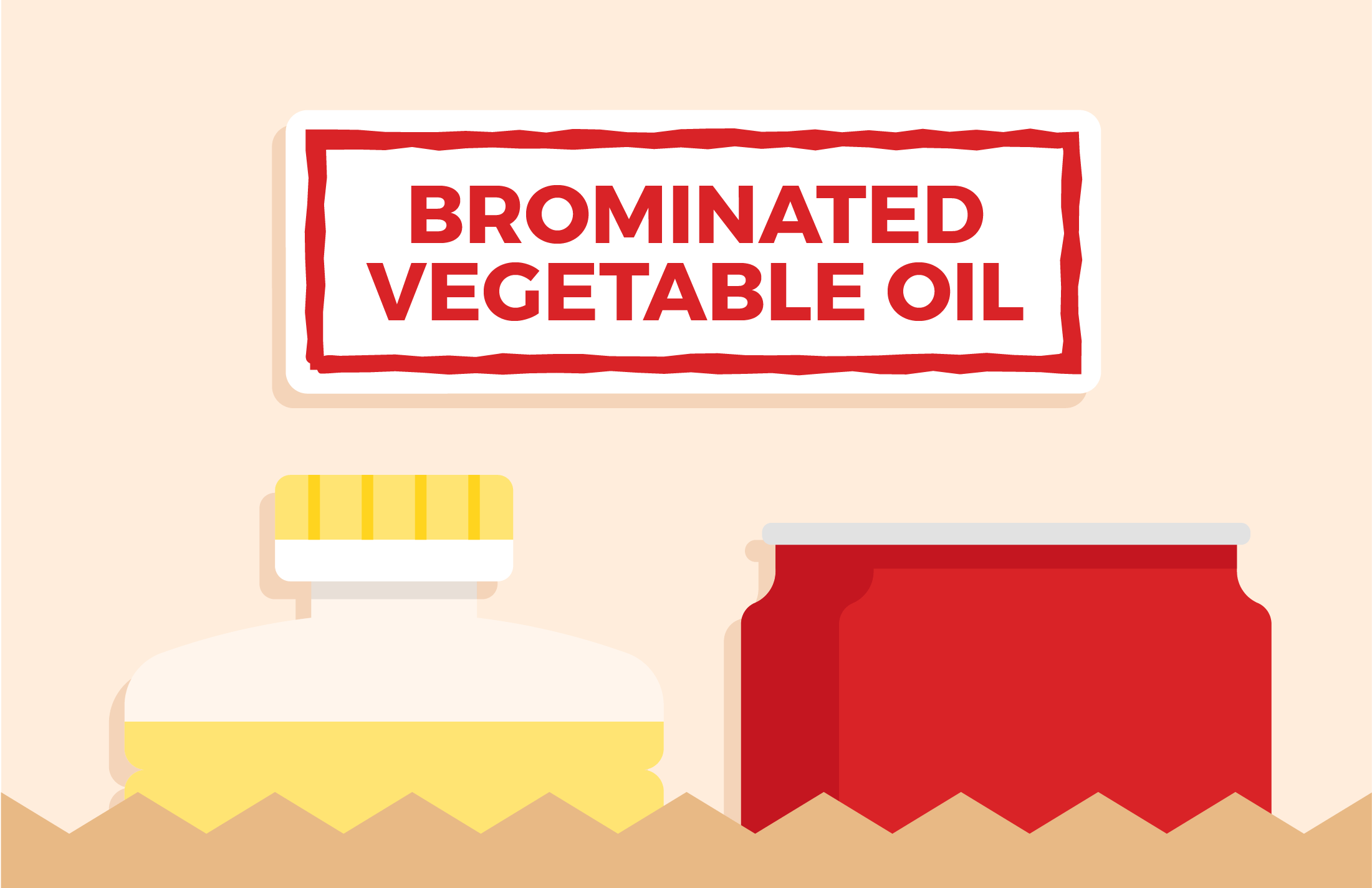 Brominated Vegetable Oil. Two containers of oil. Illustration