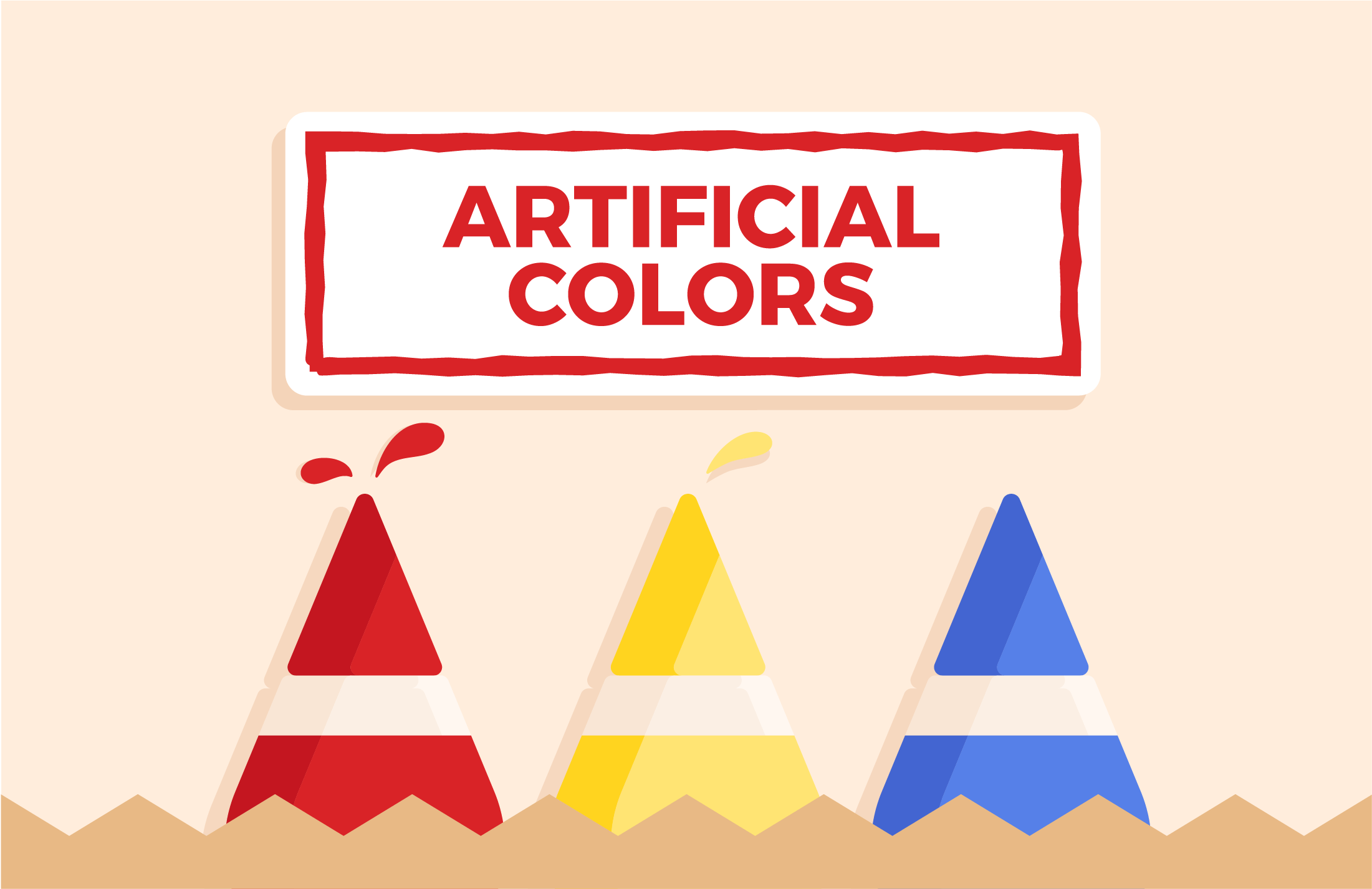 Artificial Colors. Three vials of artificial food coloring in red, yellow, and blue. Illustration.
