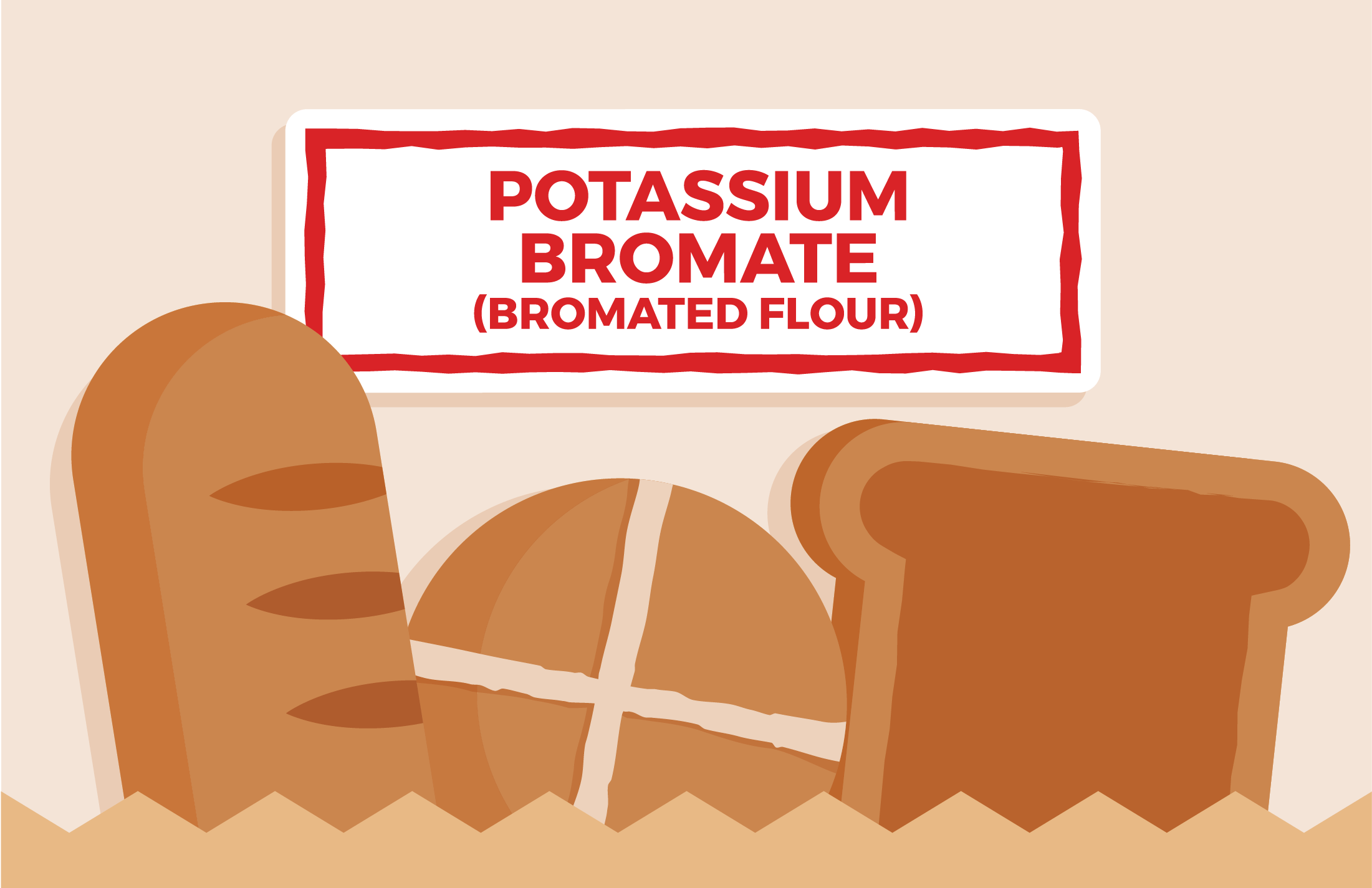 Potassium Bromate. Different types of bread stacked together. Illustration.