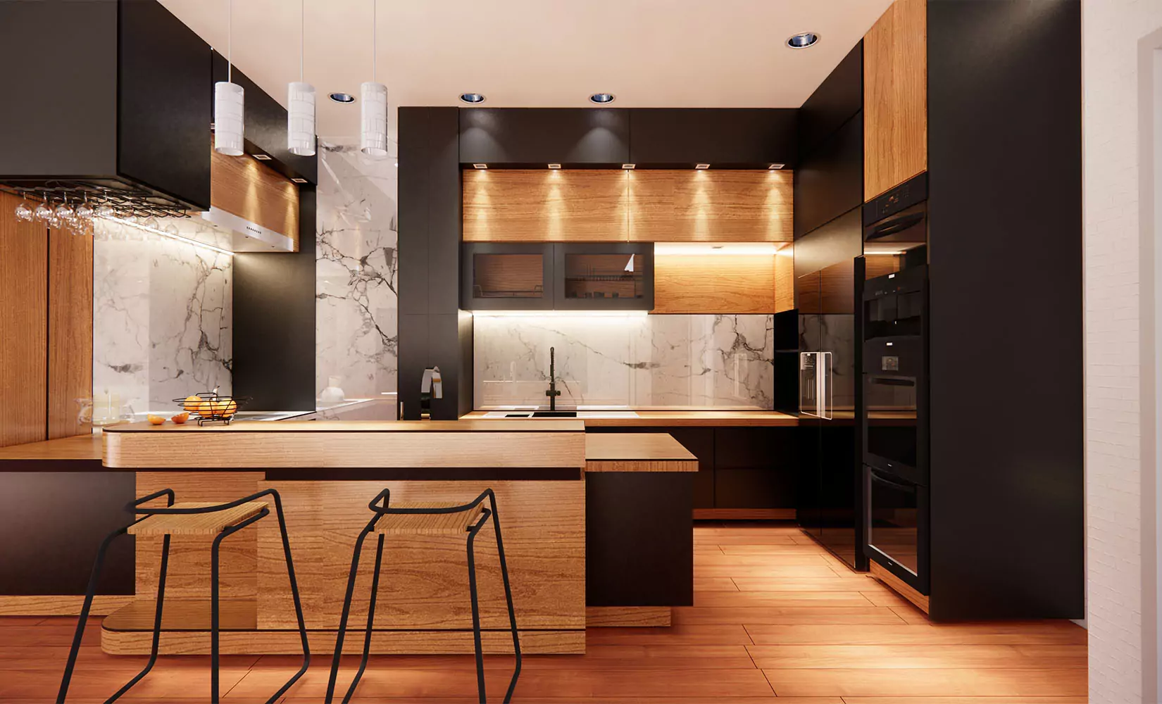 Gray and natural wood kitchen with marble accent walls.