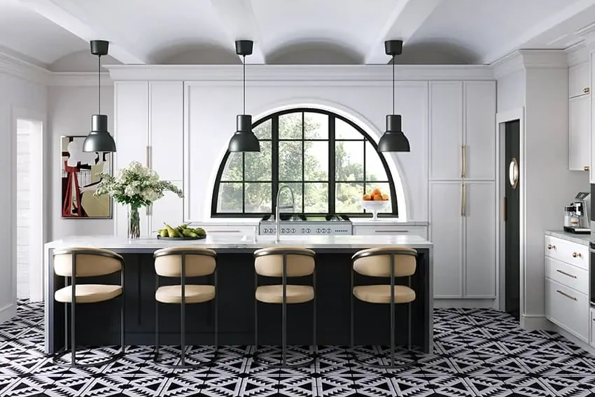 Black and white kitchen with new petit white cabinets.
