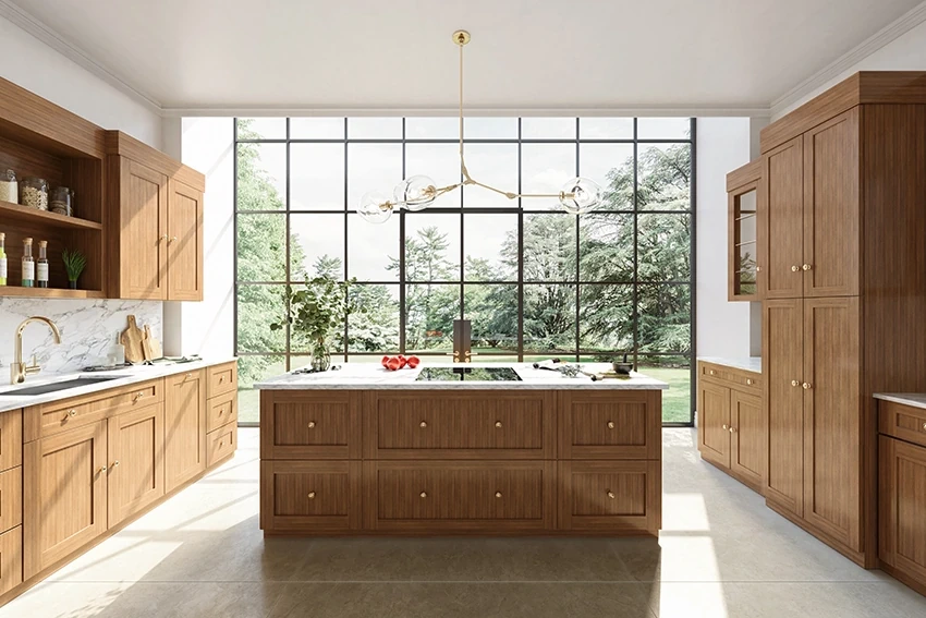 Updated kitchen with large window and new wood shaker cabinets.