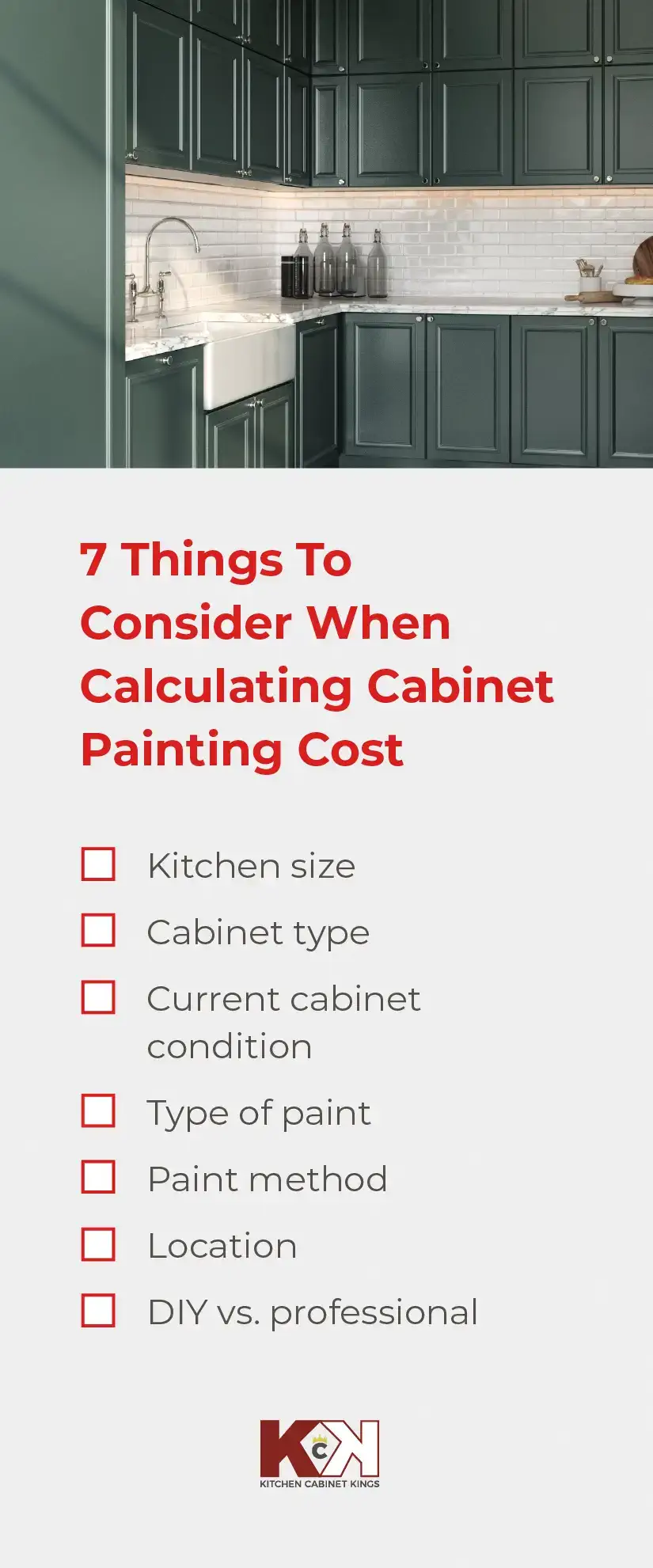 List of things to consider when calculating cabinet painting cost.