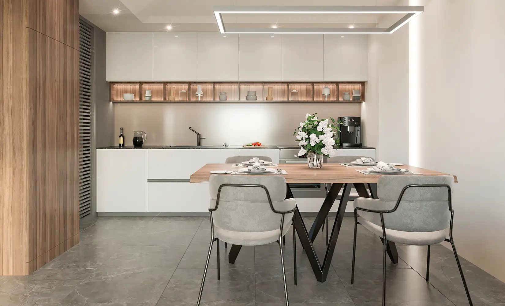 Modern kitchen with white cabinets concrete countertops, and concrete flooring.