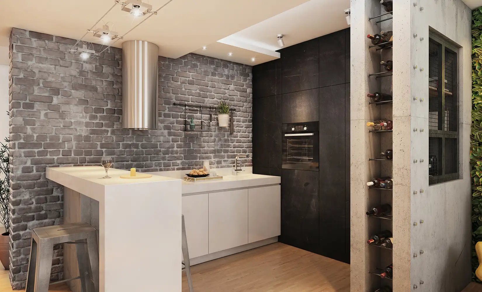 Industrial kitchen with light wood cabinets, stainless steel appliances, and gray brick backsplash.