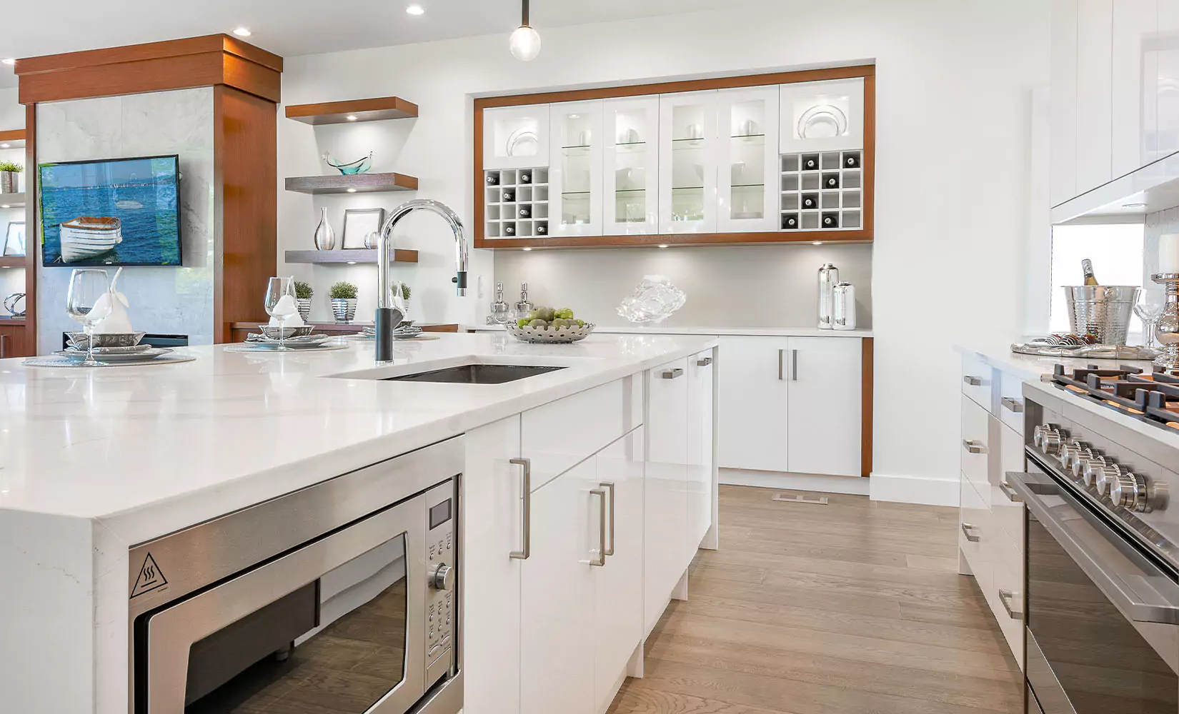 Kitchen Island with integrated microwave.