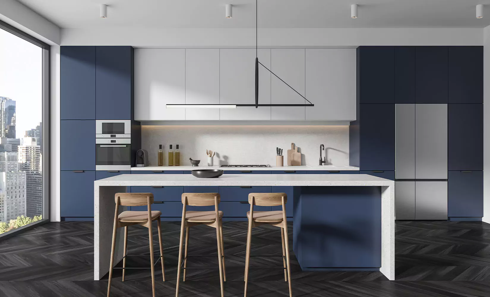 Kitchen with center island illuminated by large abstract pendant light.