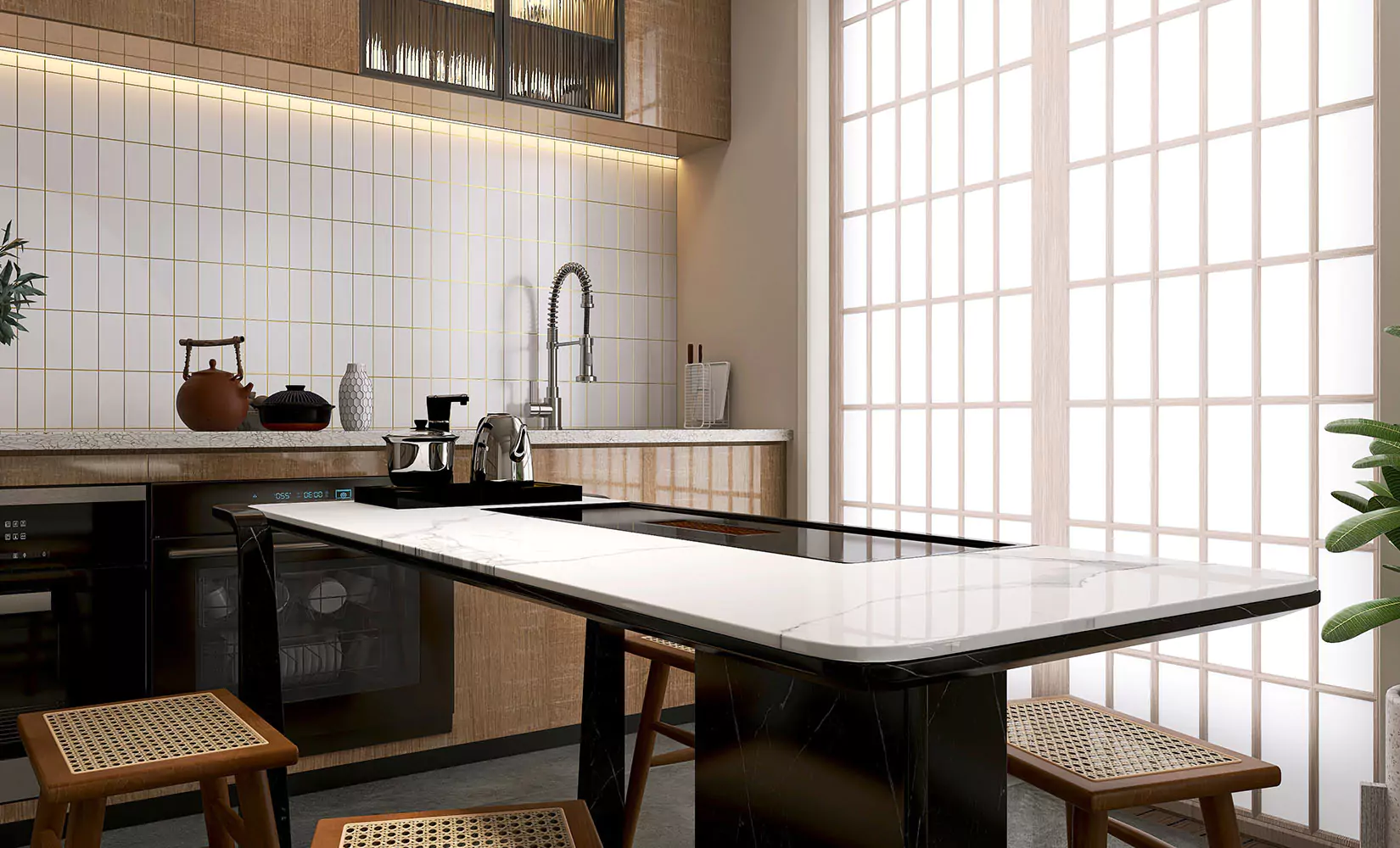 Green kitchen with rustic wood bar table.