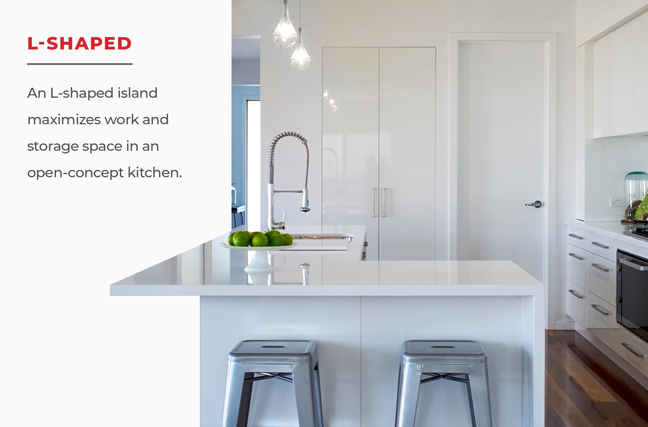 An L-shaped island maximizes work and storage space in an open-concept kitchen.