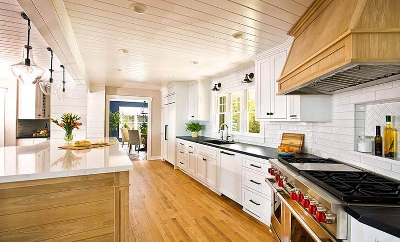 White shiplap accent ceiling in kitchen