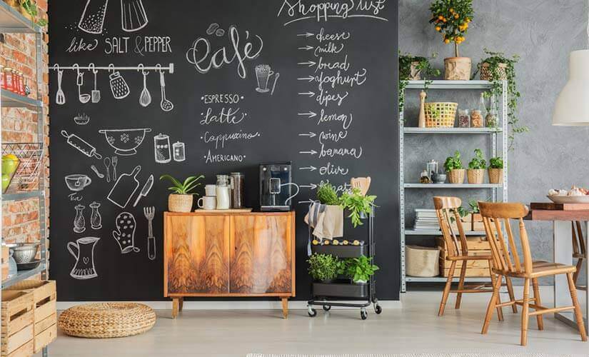 Chalk wall with drawings and grocery list in kitchen