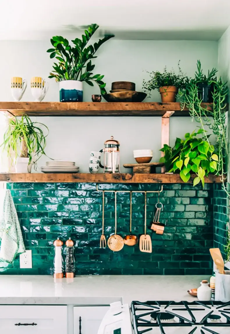 Kitchen with emerald green tile backsplash with shelves and green plants.