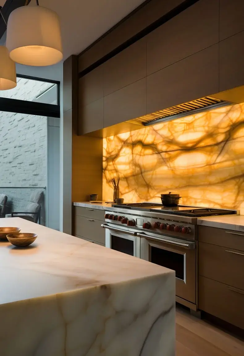 Large kitchen with brown island, brown wall, large open windows, and orange-reddish onyx backsplash with dramatic swirls.