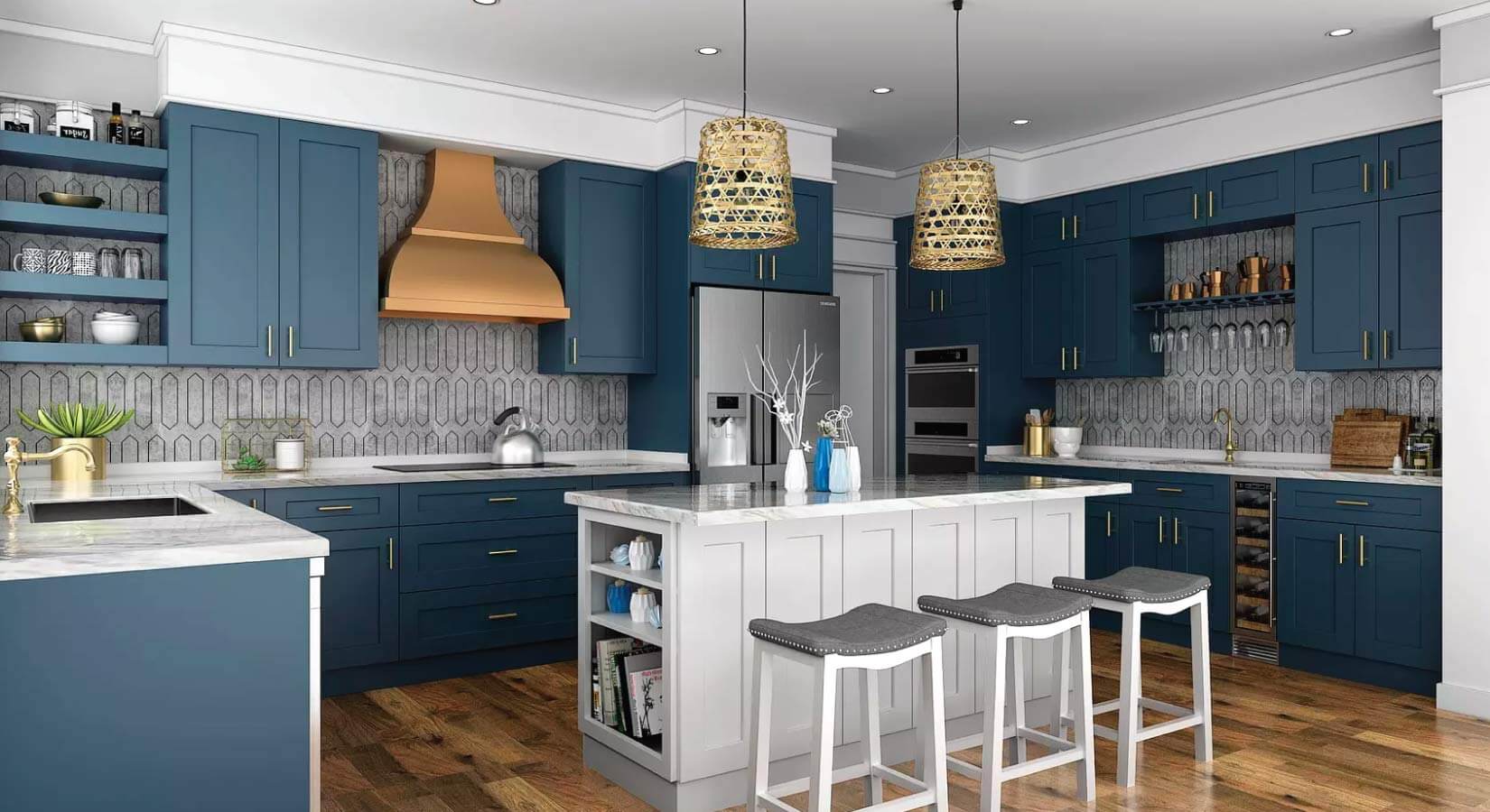 Dark blue kitchen cabinets with marble countertop and copper range hood.