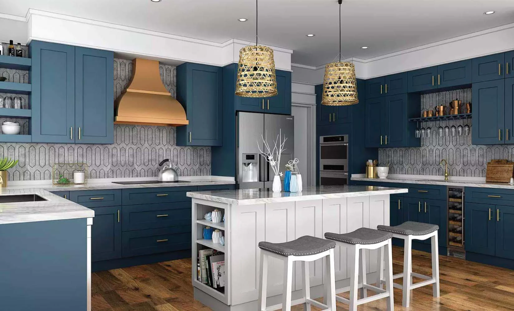 Kitchen with imperial blue cabinets from Kitchen Cabinet Kings.