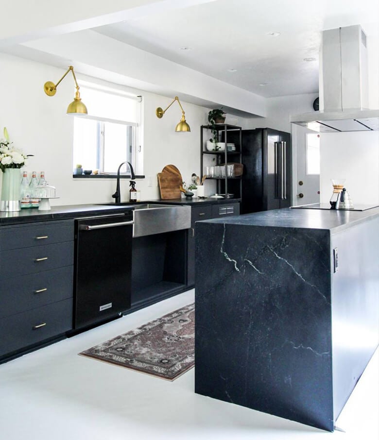 Dark blue modern kitchen with black appliances.