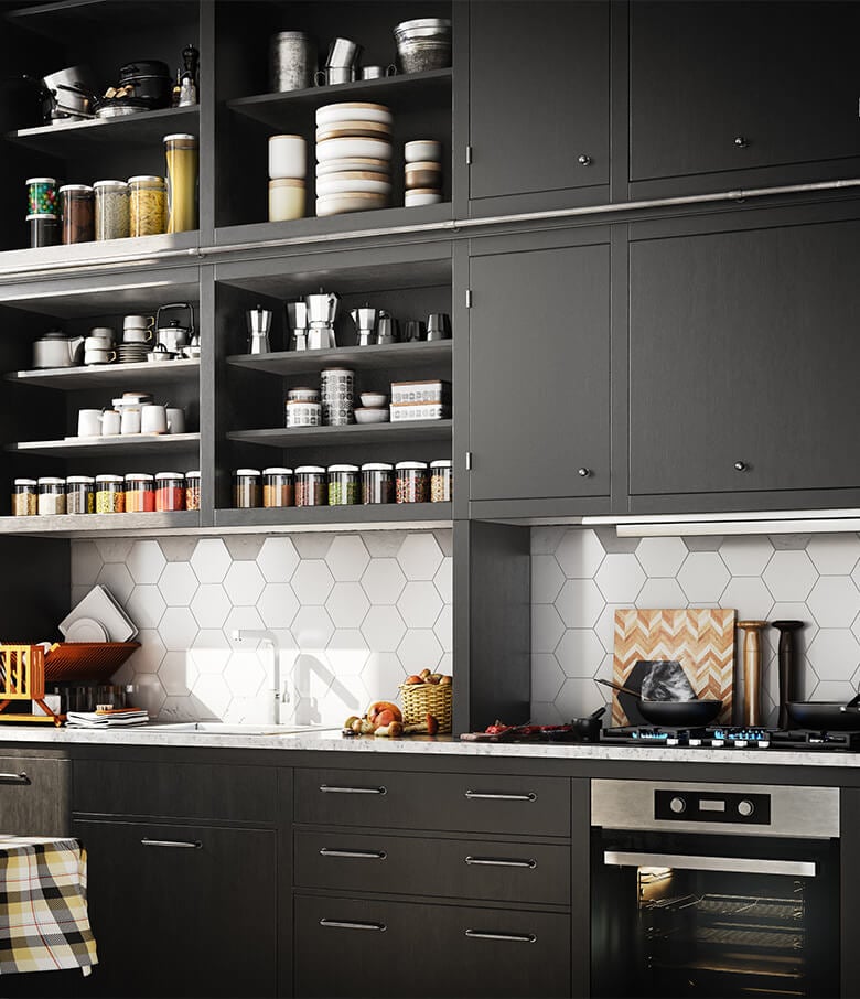 Matte black framed kitchen cabinets with open shelving.