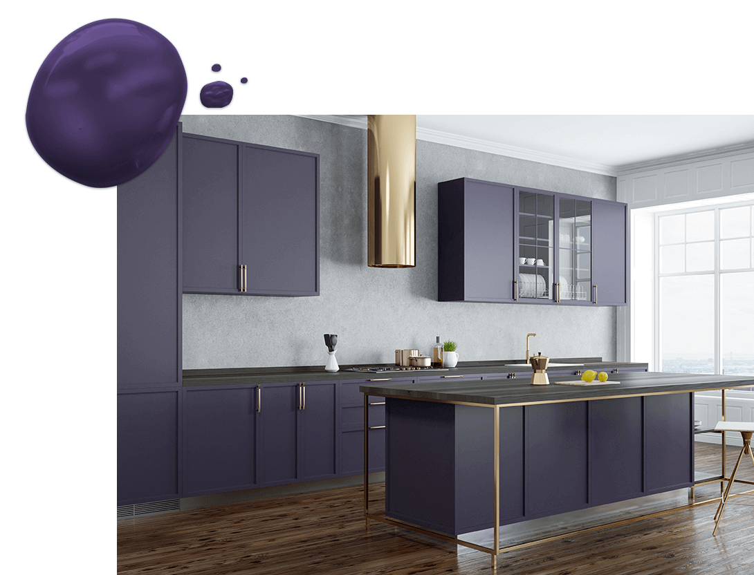 Kitchen with deep purple cabinets and gold hardware and modern range hood.