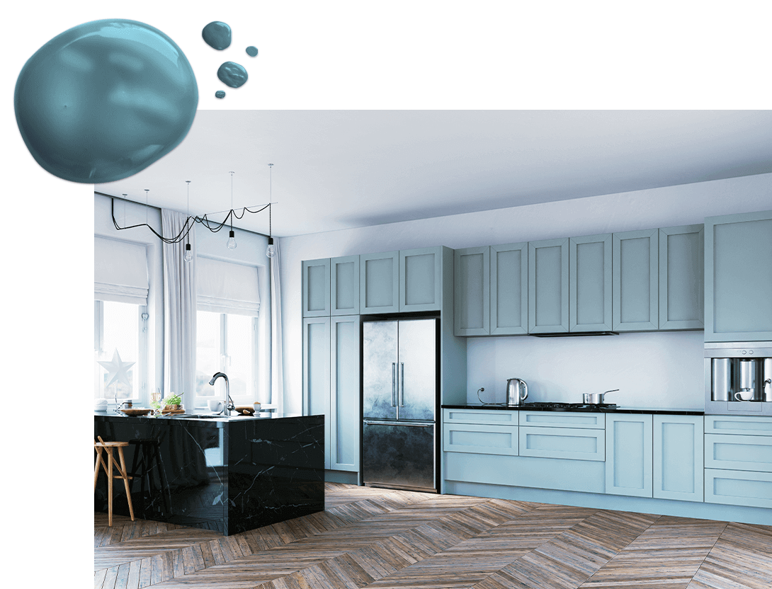 Kitchen with powder blue cabinets and wrapped black marble kitchen island with herringbone wood floor.
