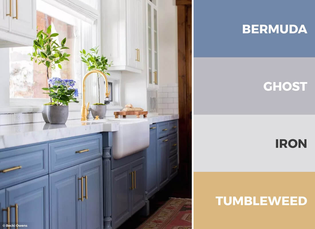 Blue, gold and white kitchen - A blue, gold and white kitchen color scheme is sophisticated and fun.
