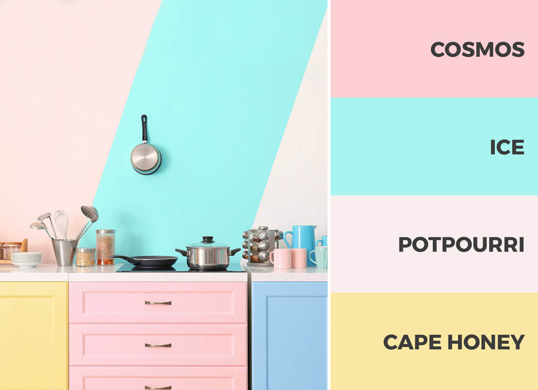 Yellow, blue and pink kitchen - This yellow, blue, and pink kitchen color scheme is bright, bold and fun.
