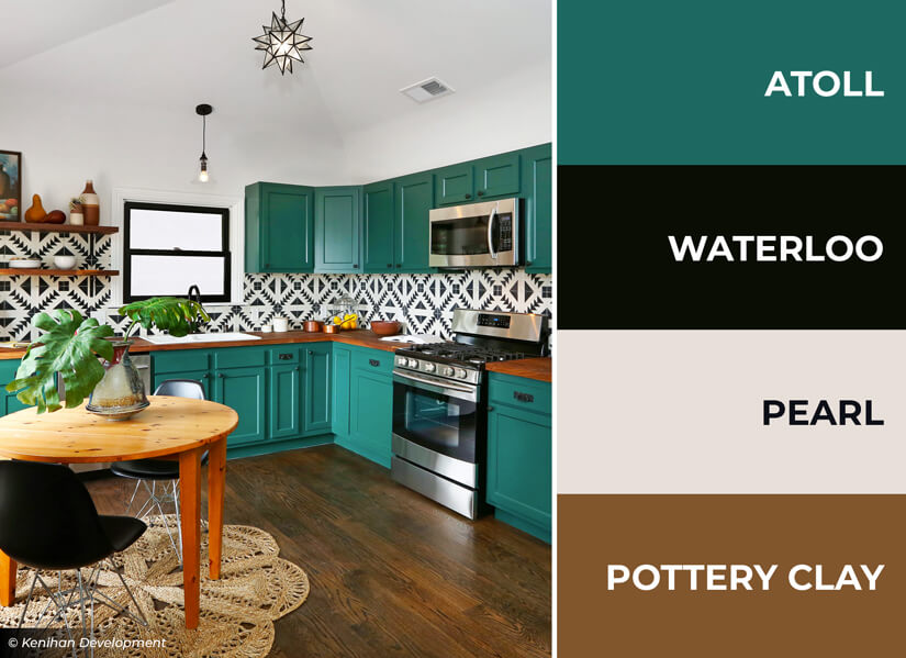 Kitchen with black and white tiled backsplash and turquoise cabinets.