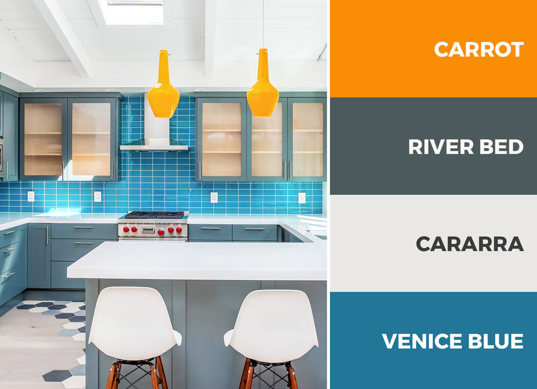 Blue and orange kitchen - A blue and orange kitchen color scheme is eye-catching and versatile.