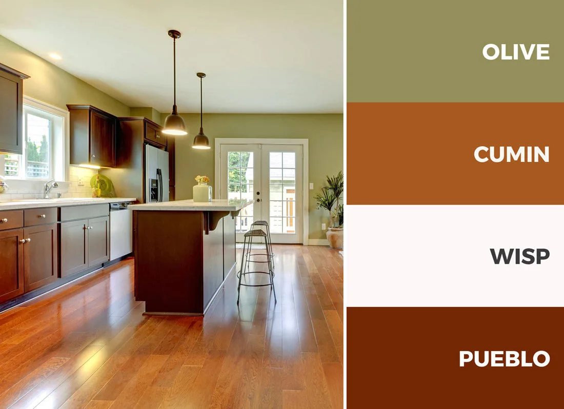 A brown and green kitchen color scheme is perfect for kitchens with abundant natural lighting.