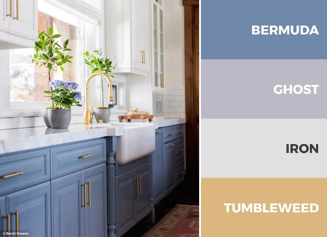 A blue, gold and white kitchen color scheme is sophisticated and fun.