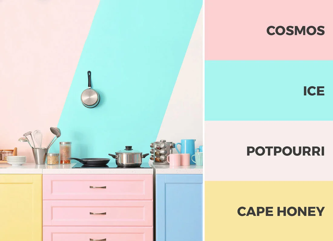 This yellow, blue, and pink kitchen color scheme is bright, bold and fun.