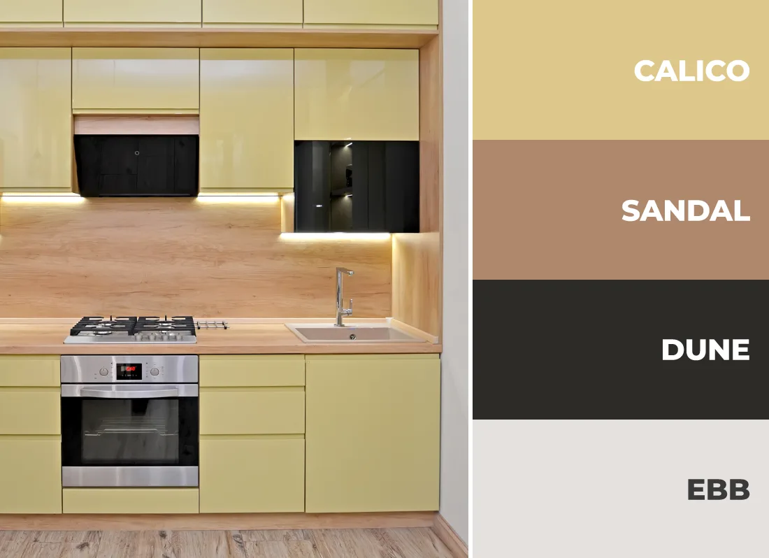 Kitchen with light yellow high-gloss cabinets and light wood countertops and backsplash.