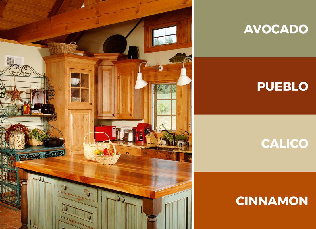 Green, beige and brown kitchen