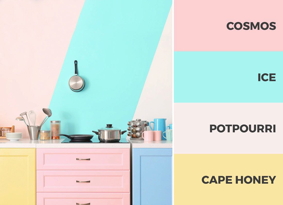 Yellow, blue and pink kitchen