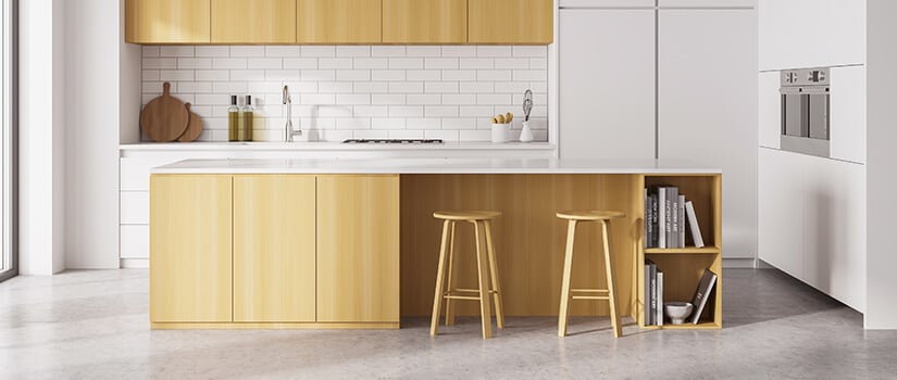 Modern style kitchen with minimalist white cabinets and white tile backsplash.