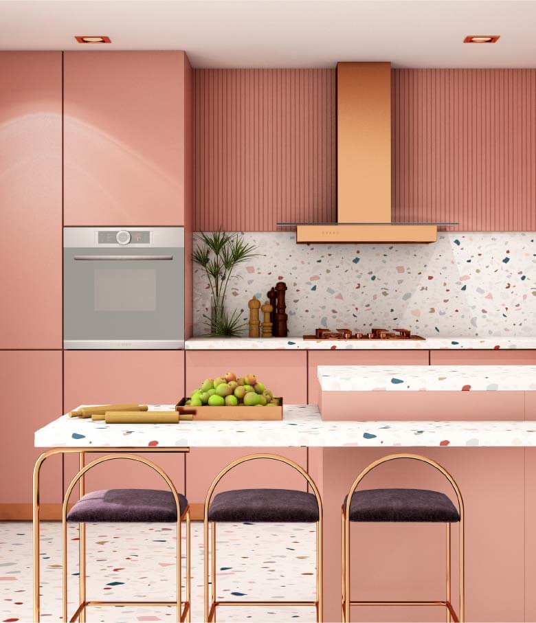 Soft pink kitchen island.