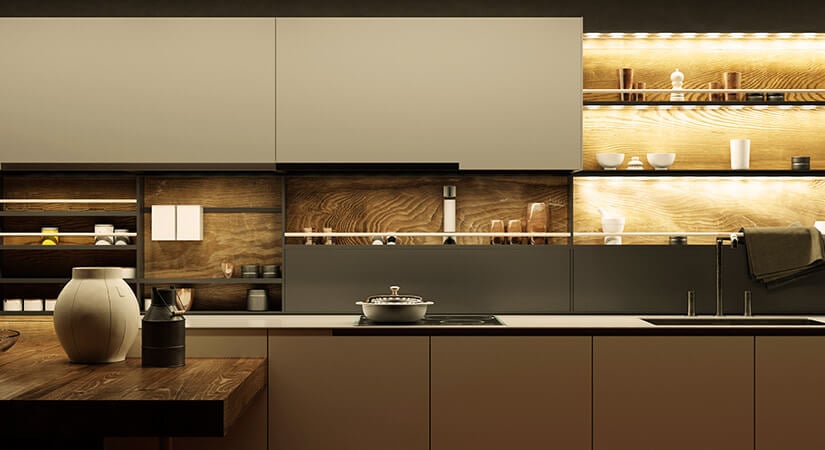 Open cabinets with lights on each shelf in modern brown kitchen with natural wood accents.