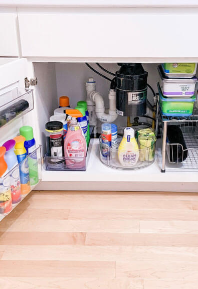 Cleaning products organized in kitchen cabinet under sink.